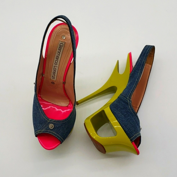 Gianmarco Lorenzi Shoes - GIANMARCO LORENZI SIZE 39 COLOR BLUE JEANS MATIREAL HOT PINK AND LIME GREEN